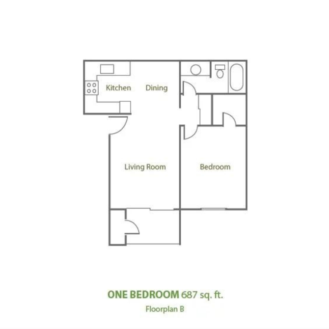 Floor plan for 1 bed, 1 bath, 672 sqft
